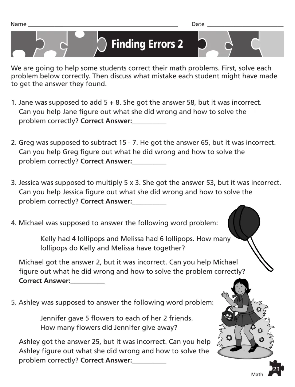 Finding Errors 2: students correct wrong answers to 5 + 8, 15 - 7, 5 x 3 and lollipop and flower word problems