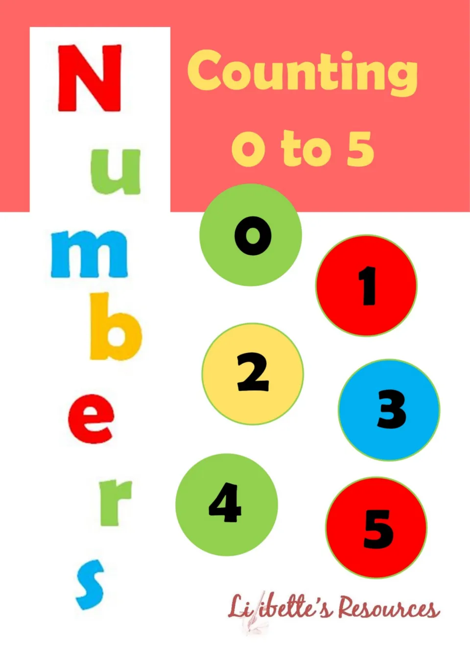Cover of the counting workbook, titled 'Counting 0 to 5,' showing the numerals 0, 1, 2, 3, 4, and 5