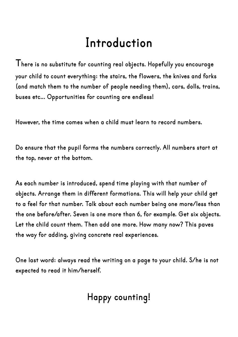 Introduction to the workbook: count real objects, practice number formation, and read directions aloud