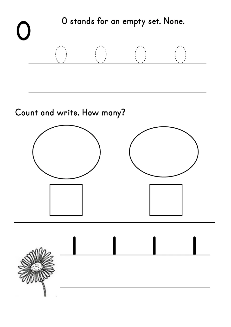 Number 0 worksheet introduces an empty set, traces zeros, counts two empty sets, and models number 1