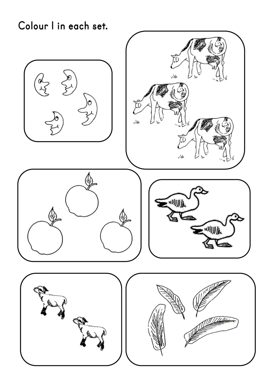 Number 1 coloring worksheet asks children to color one moon, cow, apple, duck, lamb, and feather