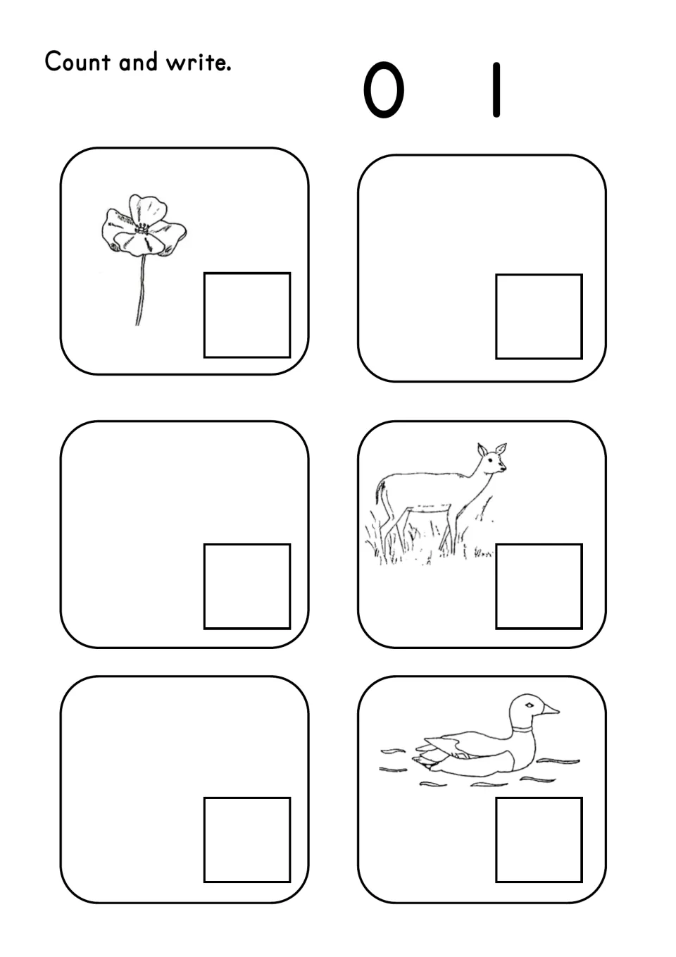 Counting worksheet practices 0 and 1 using three empty sets and single pictures of a flower, deer, and duck