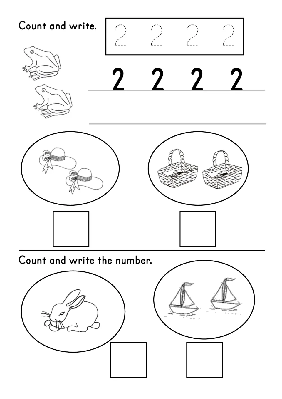 Number 2 worksheet combines tracing and writing with counting frogs, hats, baskets, a rabbit, and boats