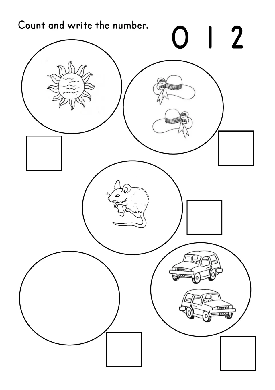 Counting worksheet reviews 0, 1, and 2 with one sun, two hats, one mouse, an empty set, and two cars