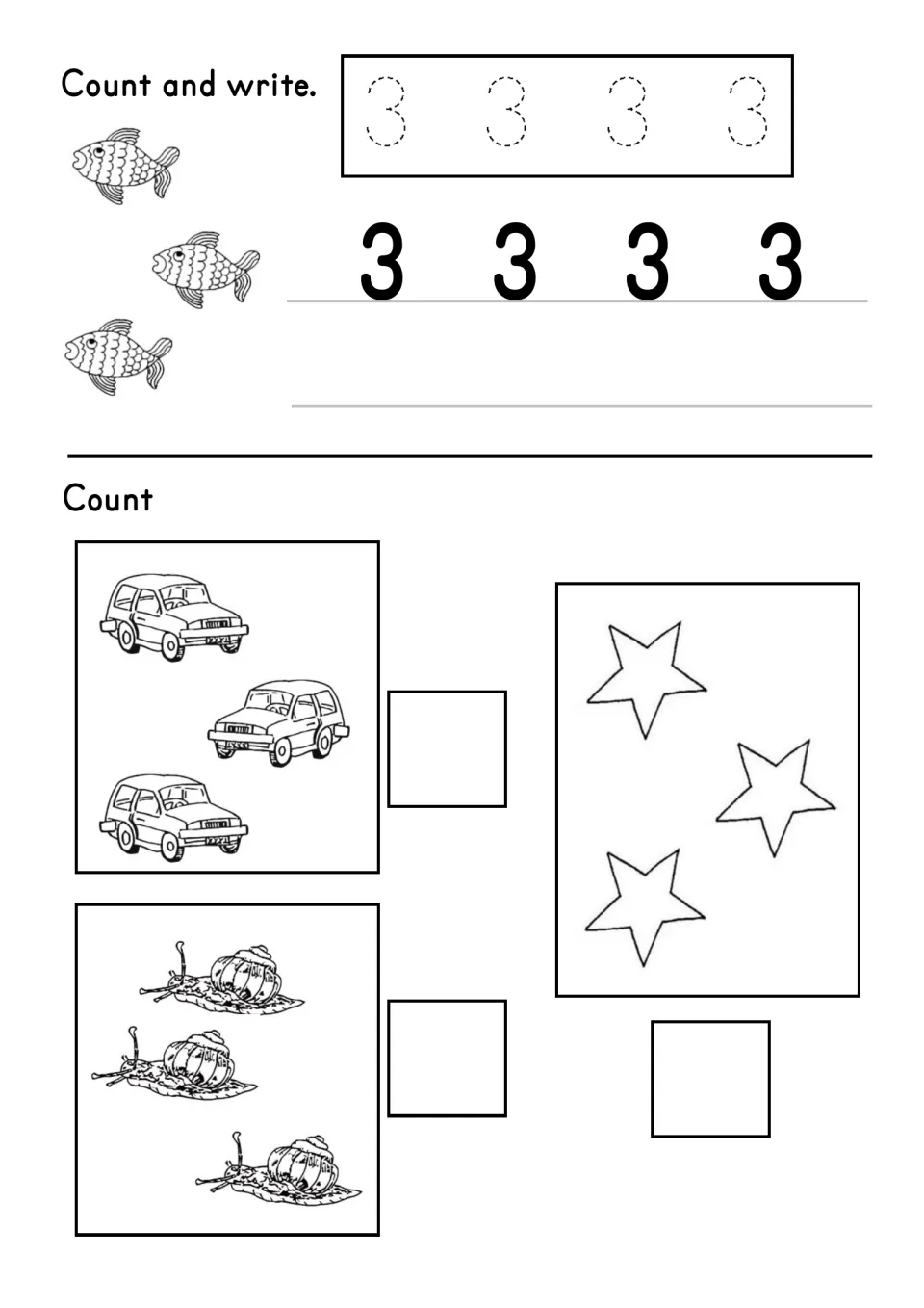 Number 3 worksheet provides tracing and writing practice, with three fish, three cars, three snails, and three stars