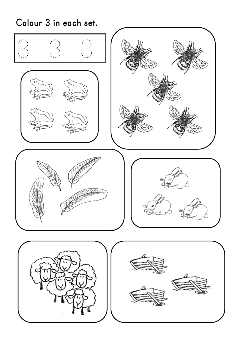Number 3 worksheet pairs tracing with coloring three objects in sets of frogs, bees, feathers, rabbits, sheep, and boats