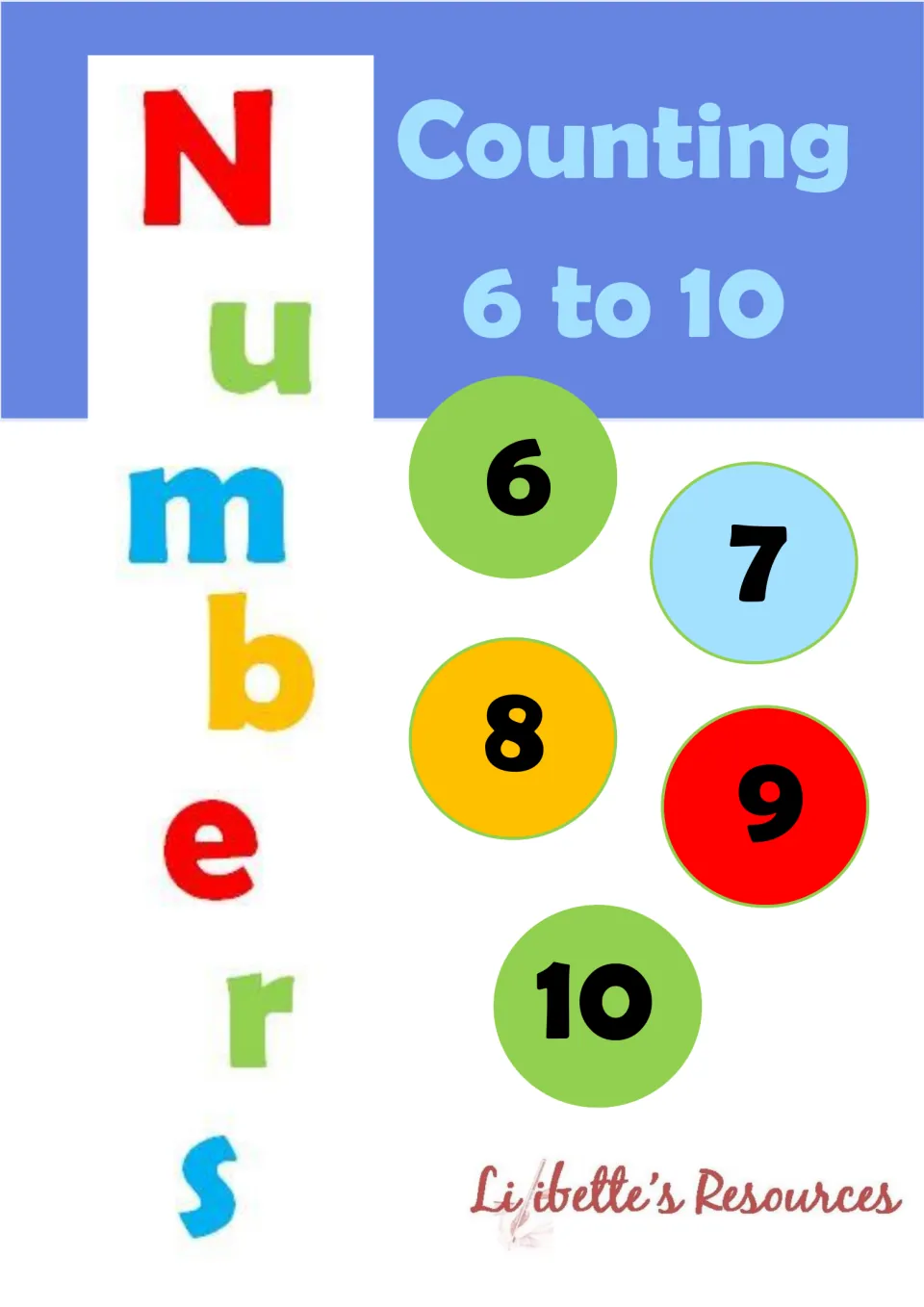 Cover of the counting workbook, titled 'Counting 6 to 10,' showing numerals 6, 7, 8, 9, and 10