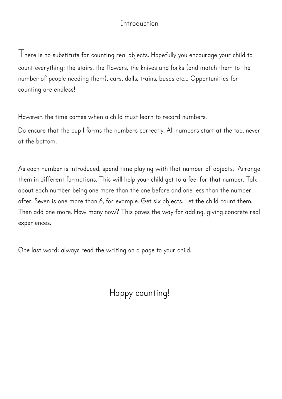 Workbook introduction explaining counting real objects, forming numbers, and exploring one more and one less