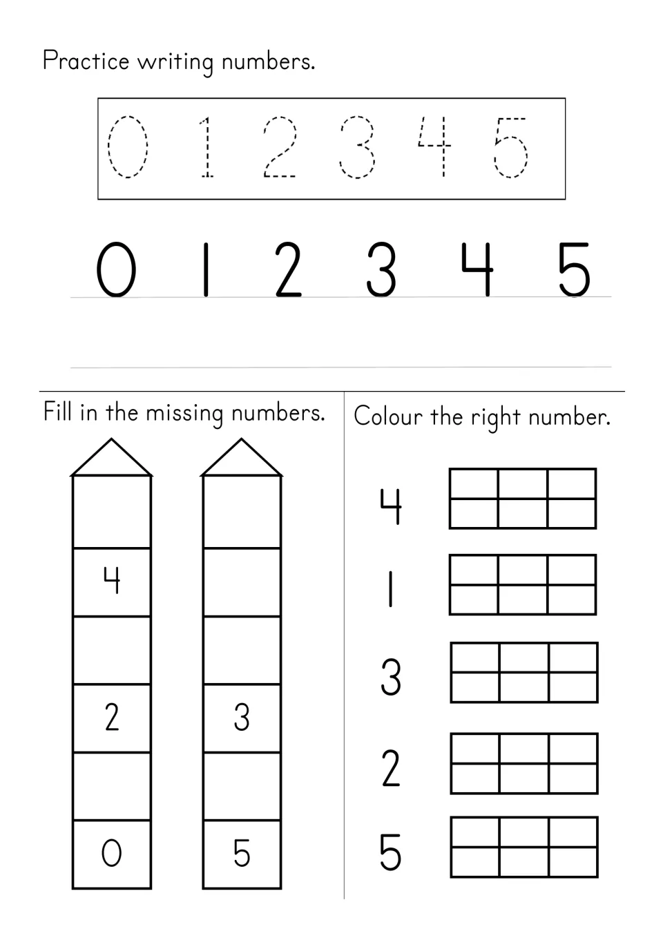 Number review worksheet for tracing and writing 0–5, filling in missing numbers, and coloring amounts 1–5