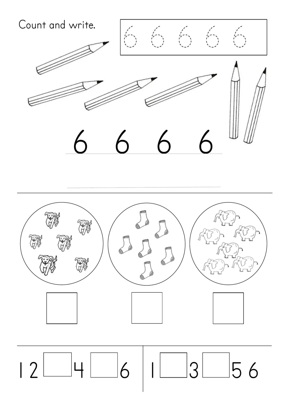 Number 6 introduction: trace and write 6, count pencils, dogs, socks, and elephants, and complete sequences