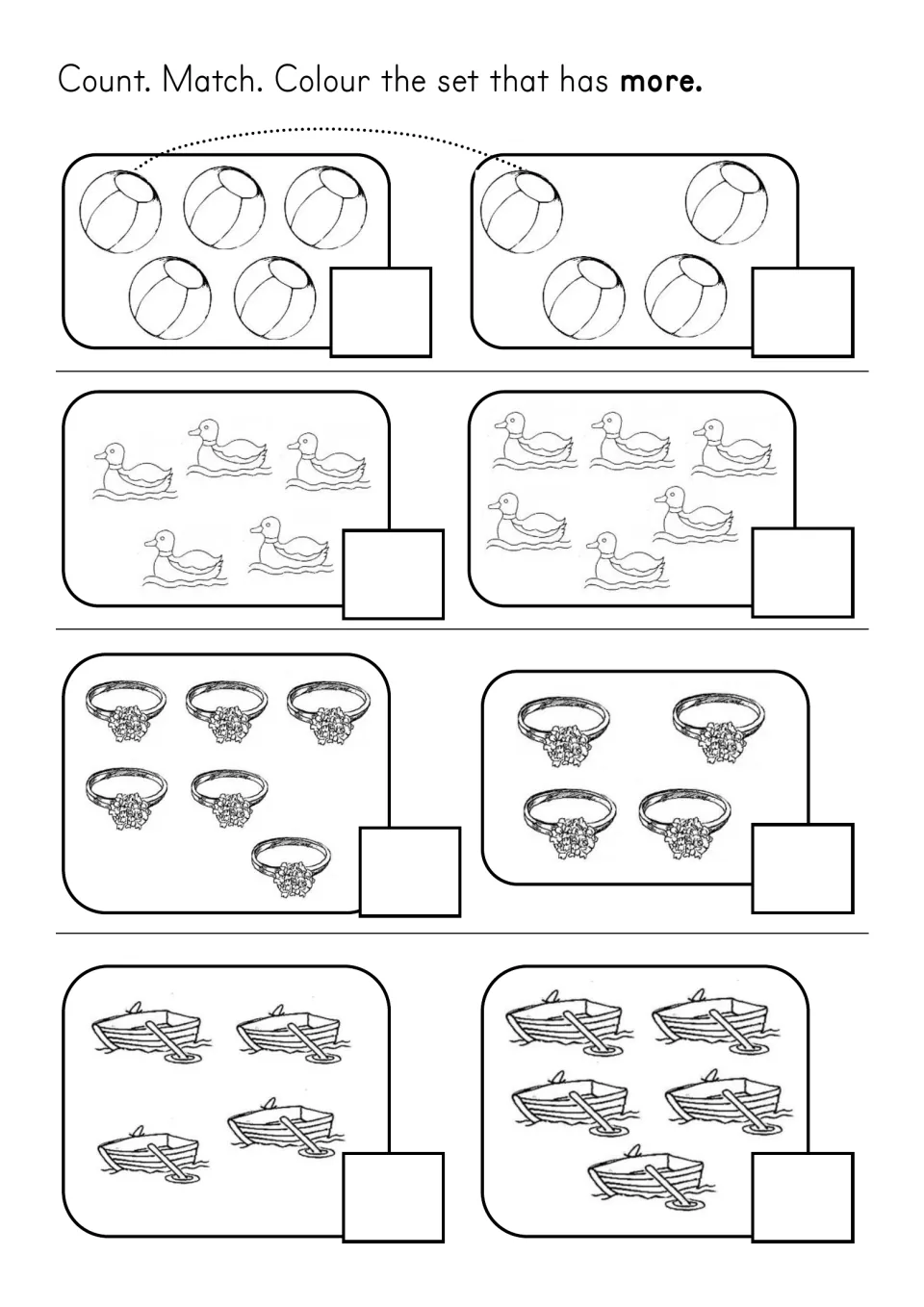 Comparing sets worksheet: count and match balls, ducks, rings, and boats, then color the set with more