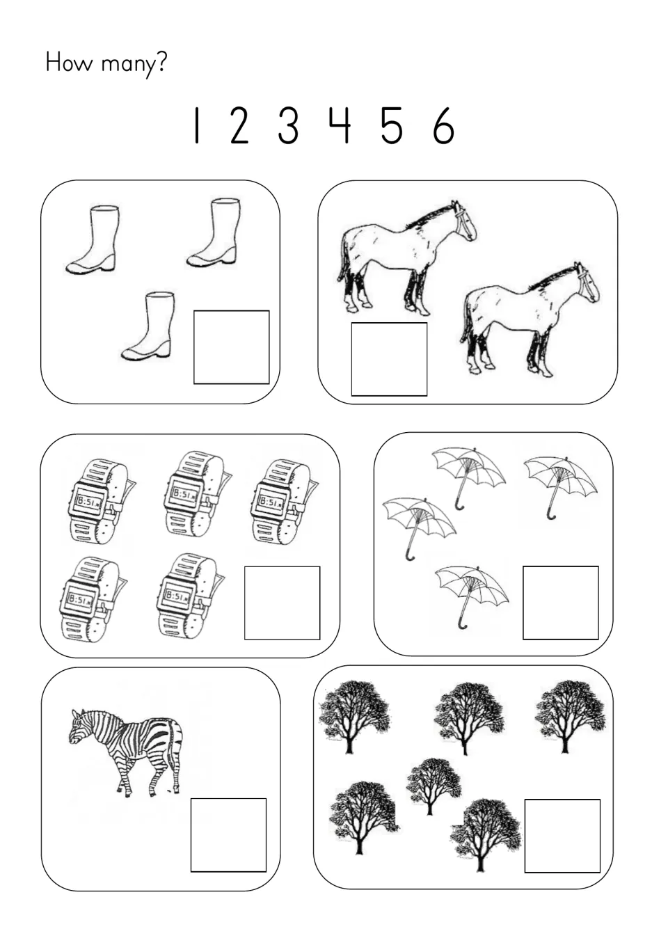 Counting practice for 1–6: count boots, horses, watches, umbrellas, a zebra, and trees and write each total