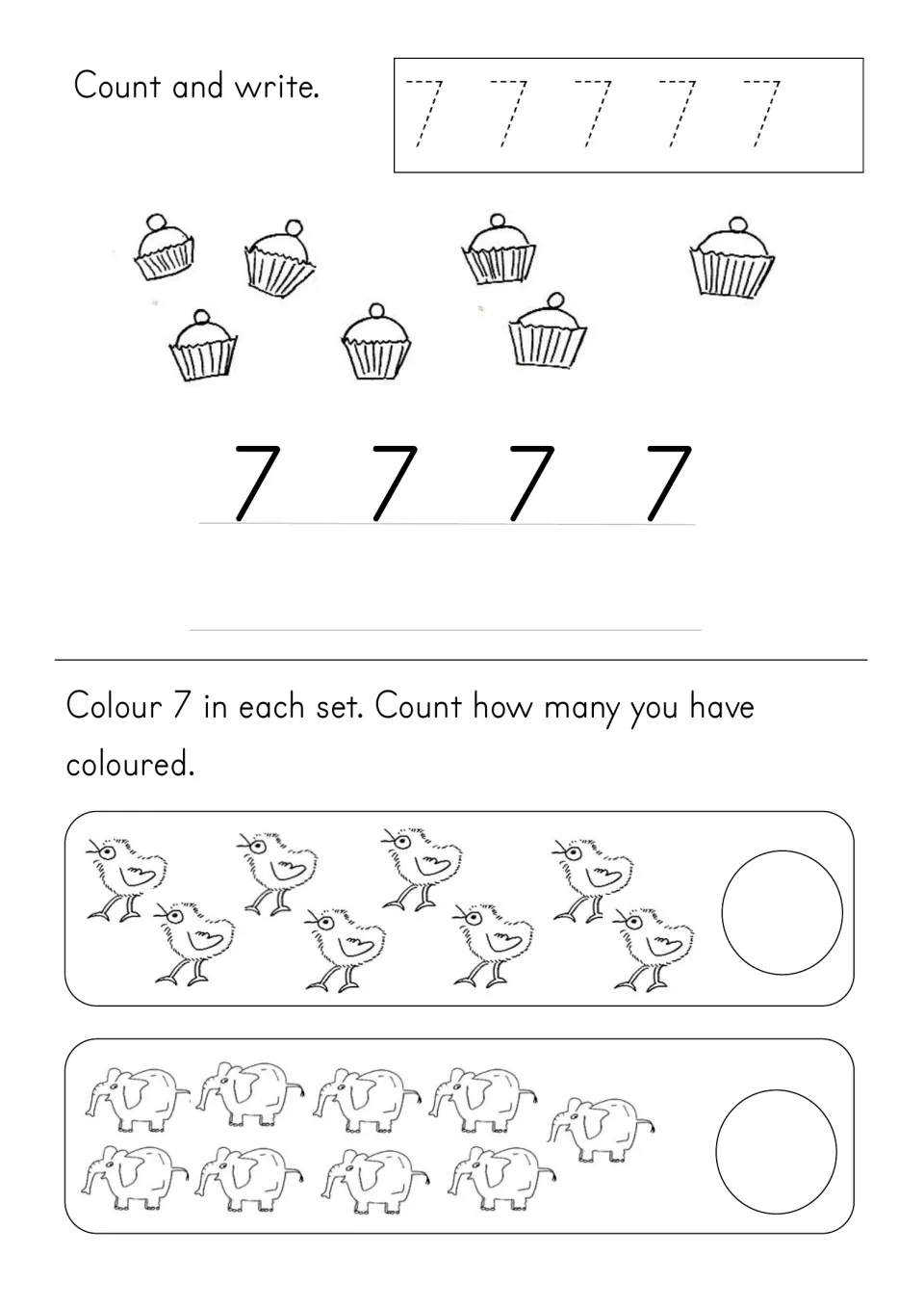 Number 7 introduction: trace and write 7, count seven cupcakes, and color seven birds and seven elephants