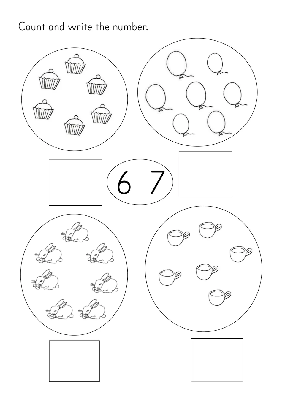 Counting 6 and 7 worksheet: count cupcakes, balloons, rabbits, and cups, then write the number for each set