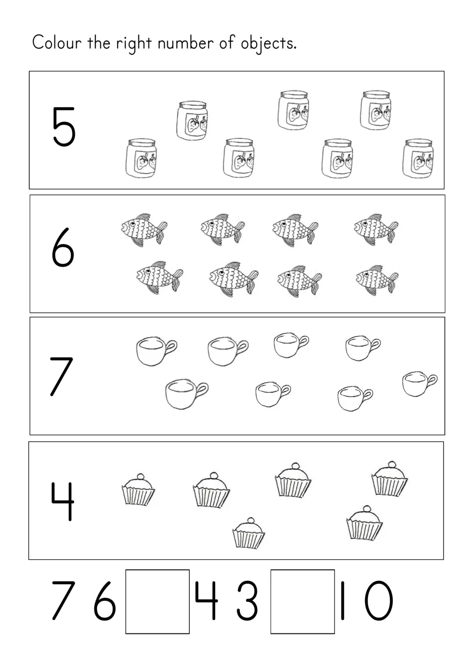 Quantity practice: color 5 jars, 6 fish, 7 cups, and 4 cupcakes, then complete the backward sequence from 7 to 0