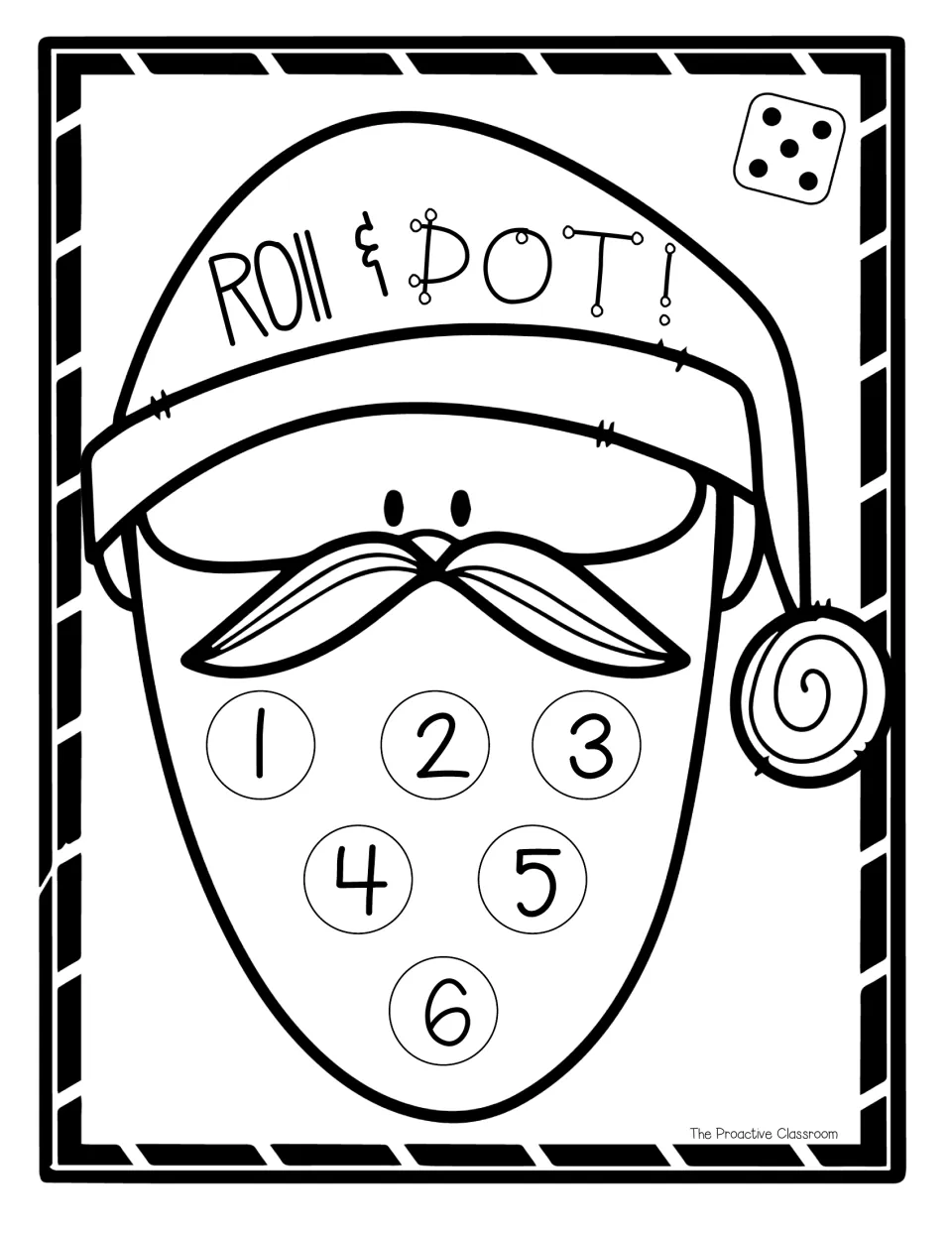 Black-and-white Santa board, one die: students roll, count the dots and color the matching number 1 to 6 on the beard