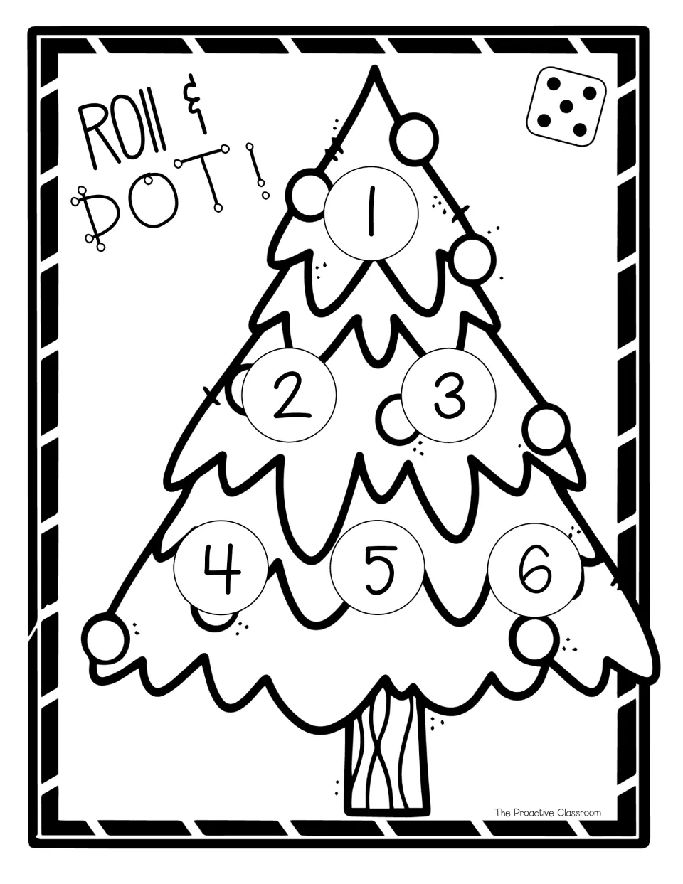 Black-and-white Christmas tree board, one die: students count the dots rolled and color numbers 1 to 6 on the ornaments