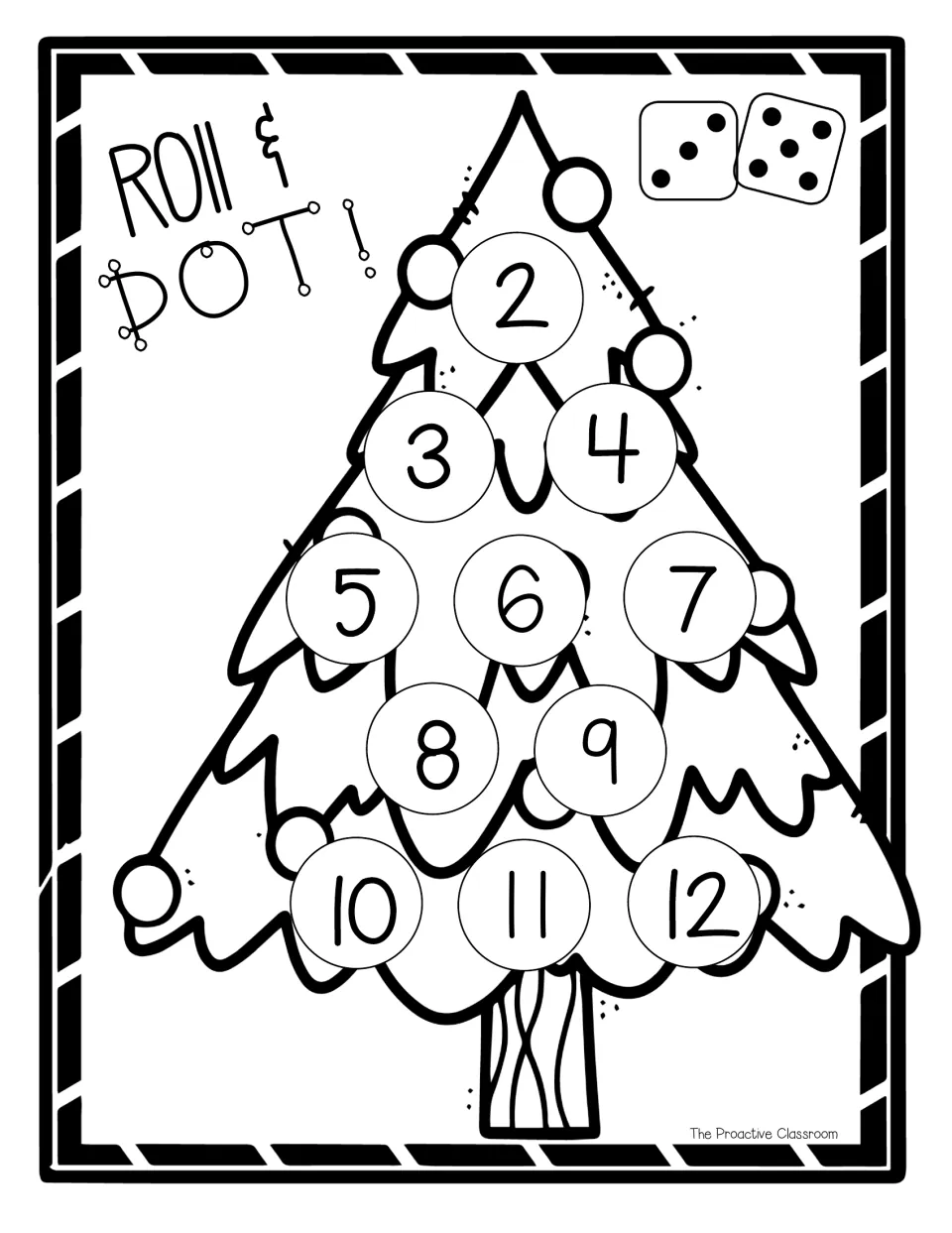 Black-and-white Christmas tree board, two dice: students add the dice and color sums 2 to 12 on the tree