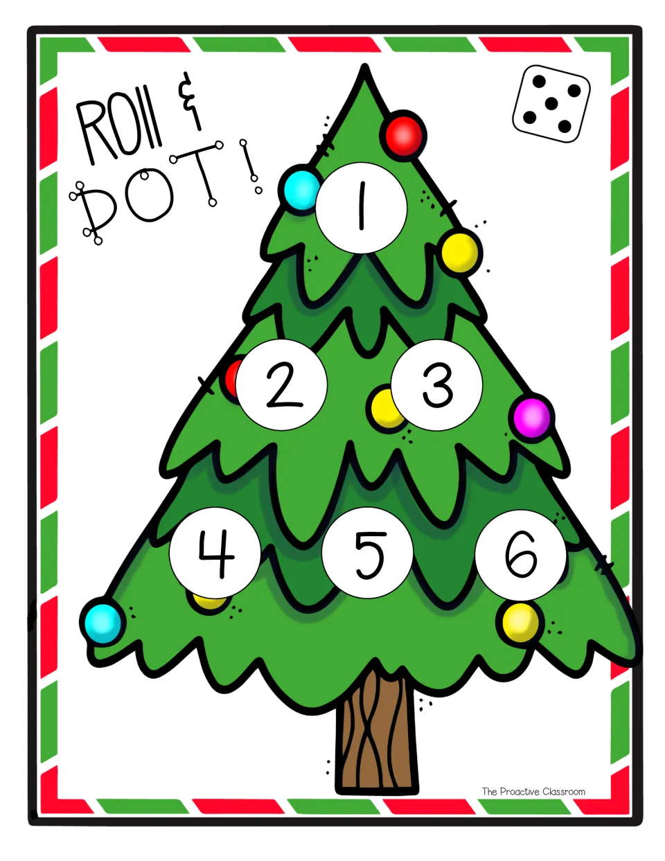 Color Christmas tree board, one die: students roll, count the dots and dot numbers 1 to 6 among the ornaments