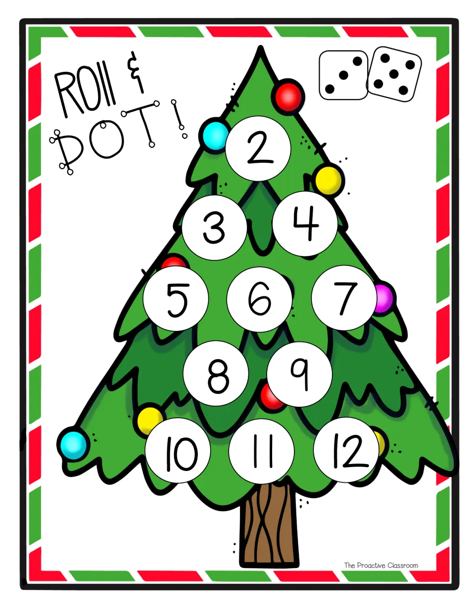 Color Christmas tree board, two dice: students add the dots on both dice and dot sums 2 to 12 on the tree