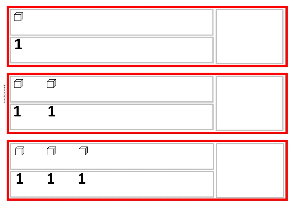 Counting single cubes: three strips show 1, 2 and 3 cubes, each cube labeled 1, with an empty space for the total