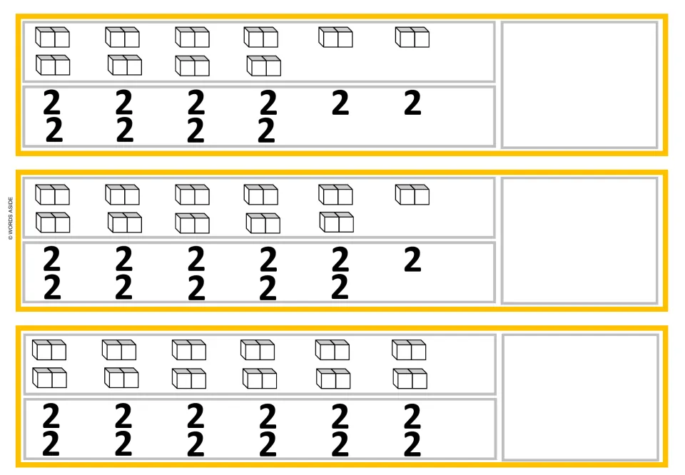 Skip counting by 2s: strips show 10, 11 and 12 two-cube trains, each labeled 2, with space to record the total