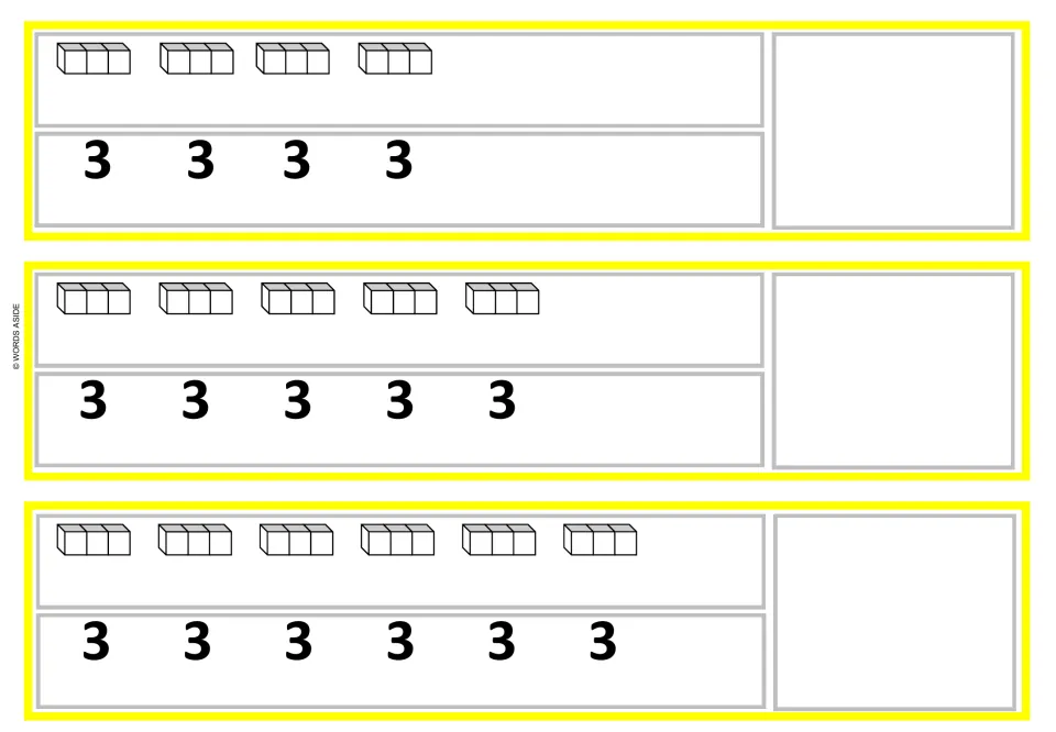 Groups of 3: strips with 4, 5 and 6 three-cube trains, a 3 beneath each, and an empty space for the total