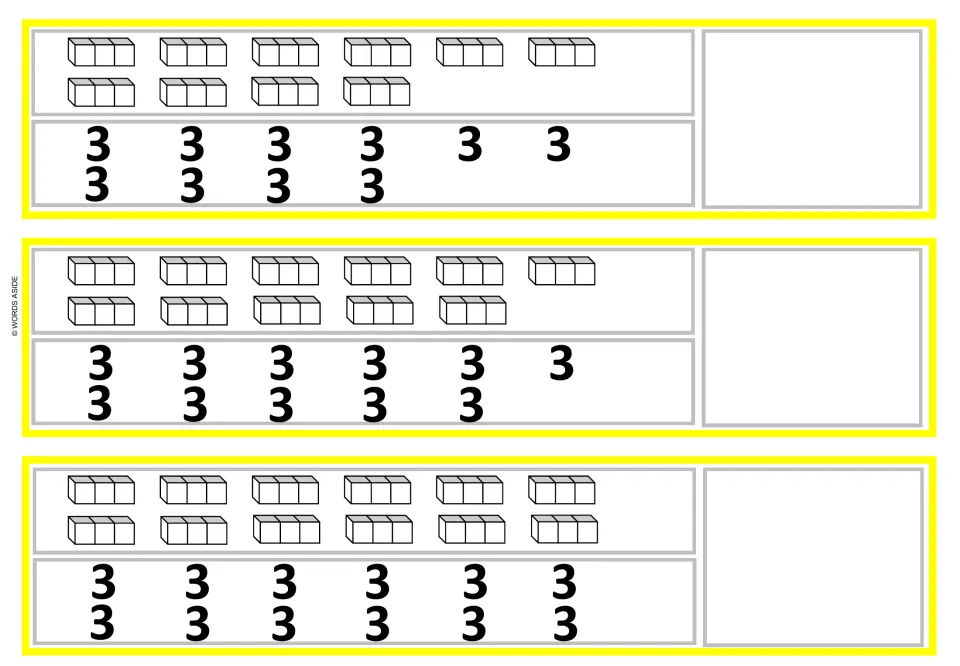 Repeated addition of 3: 10, 11 and 12 three-cube trains labeled 3 on each strip, with space to write the total