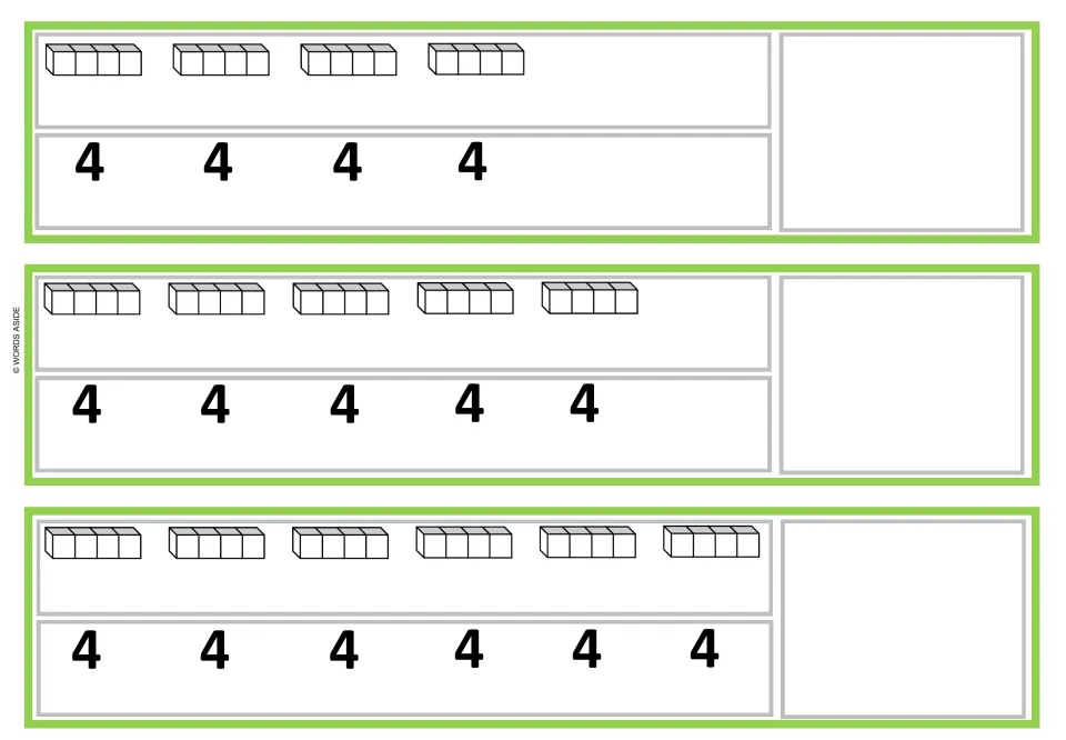 Groups of 4: strips show 4, 5 and 6 four-cube trains with a 4 under each and an empty space for the sum