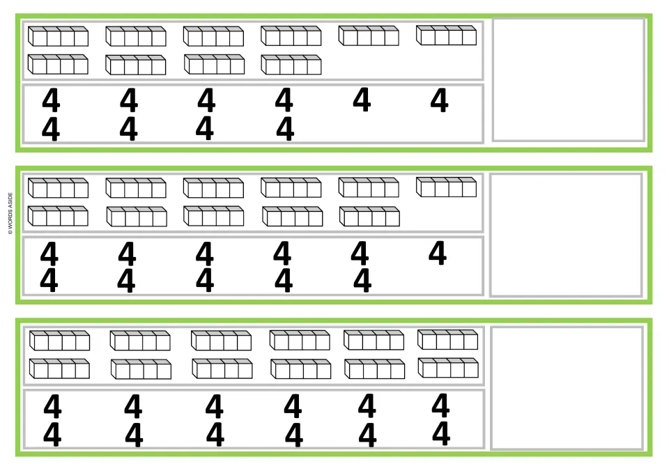 Repeated addition of 4: 10, 11 and 12 four-cube trains per strip, each labeled 4, plus space to record the total
