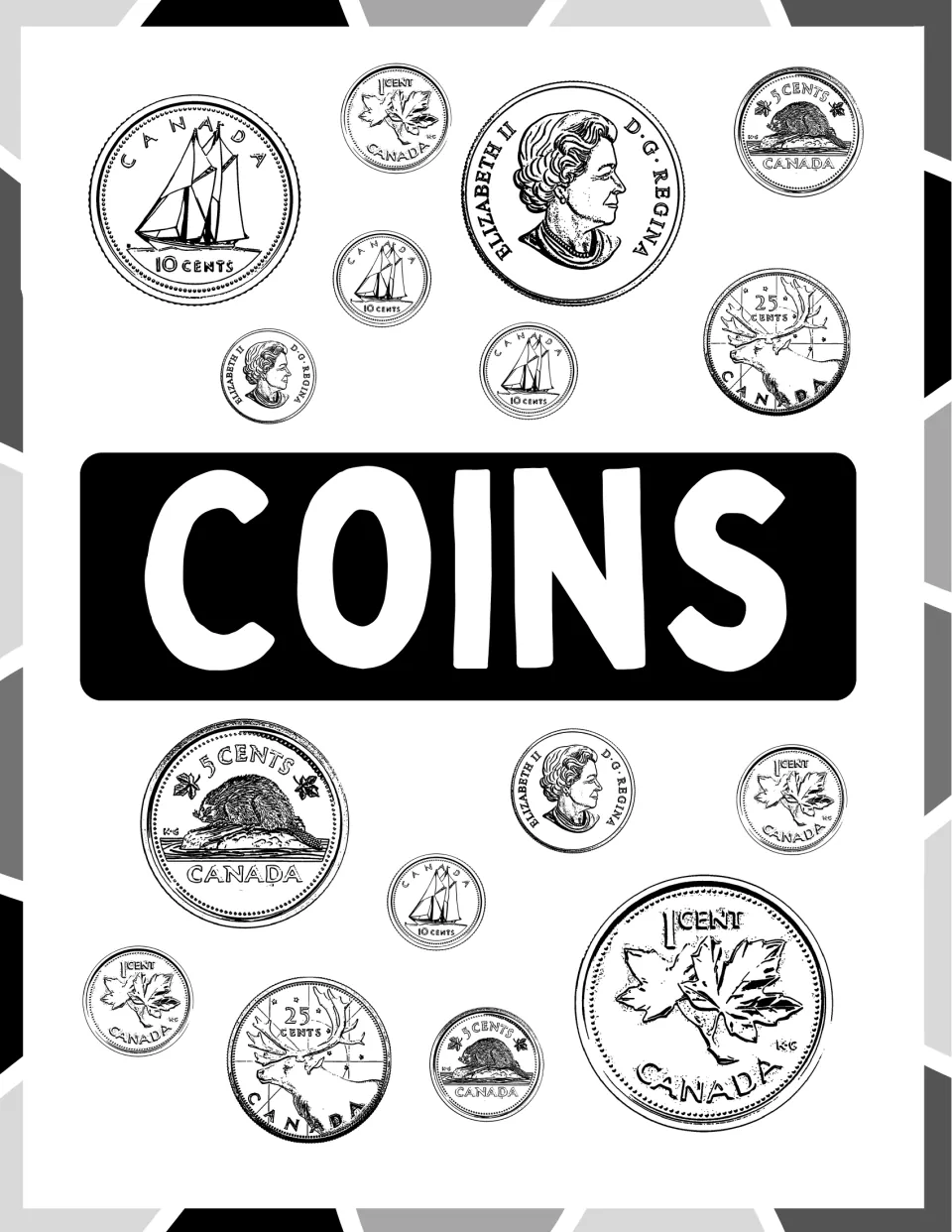 Coins cover: Canadian pennies, nickels, dimes and quarters drawn heads and tails around a bold COINS title