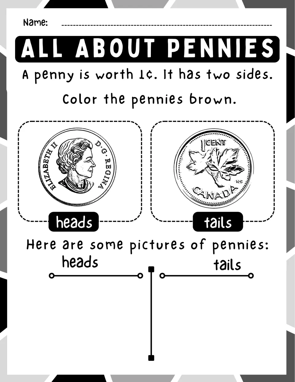 All About Pennies: a penny is worth 1¢; students color heads and tails brown, then draw pennies on a heads/tails chart