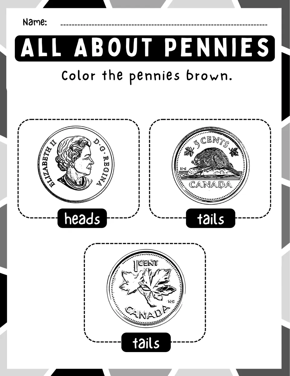 All About Pennies coin identification: students color the pennies brown, telling a maple leaf 1¢ from a beaver 5¢