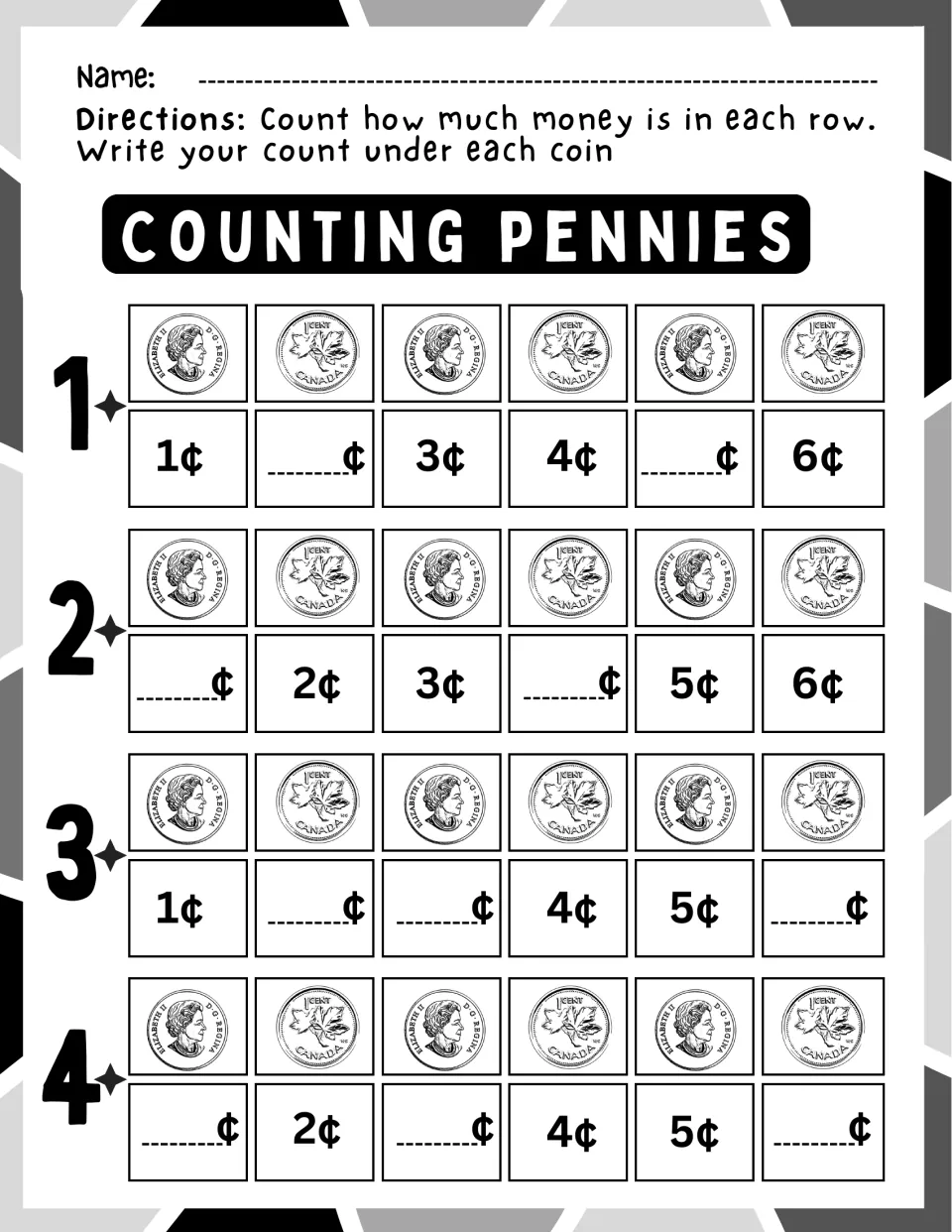 Counting pennies rows 1 to 4: students count six pennies by ones and write each missing running total, such as 2¢ and 5¢