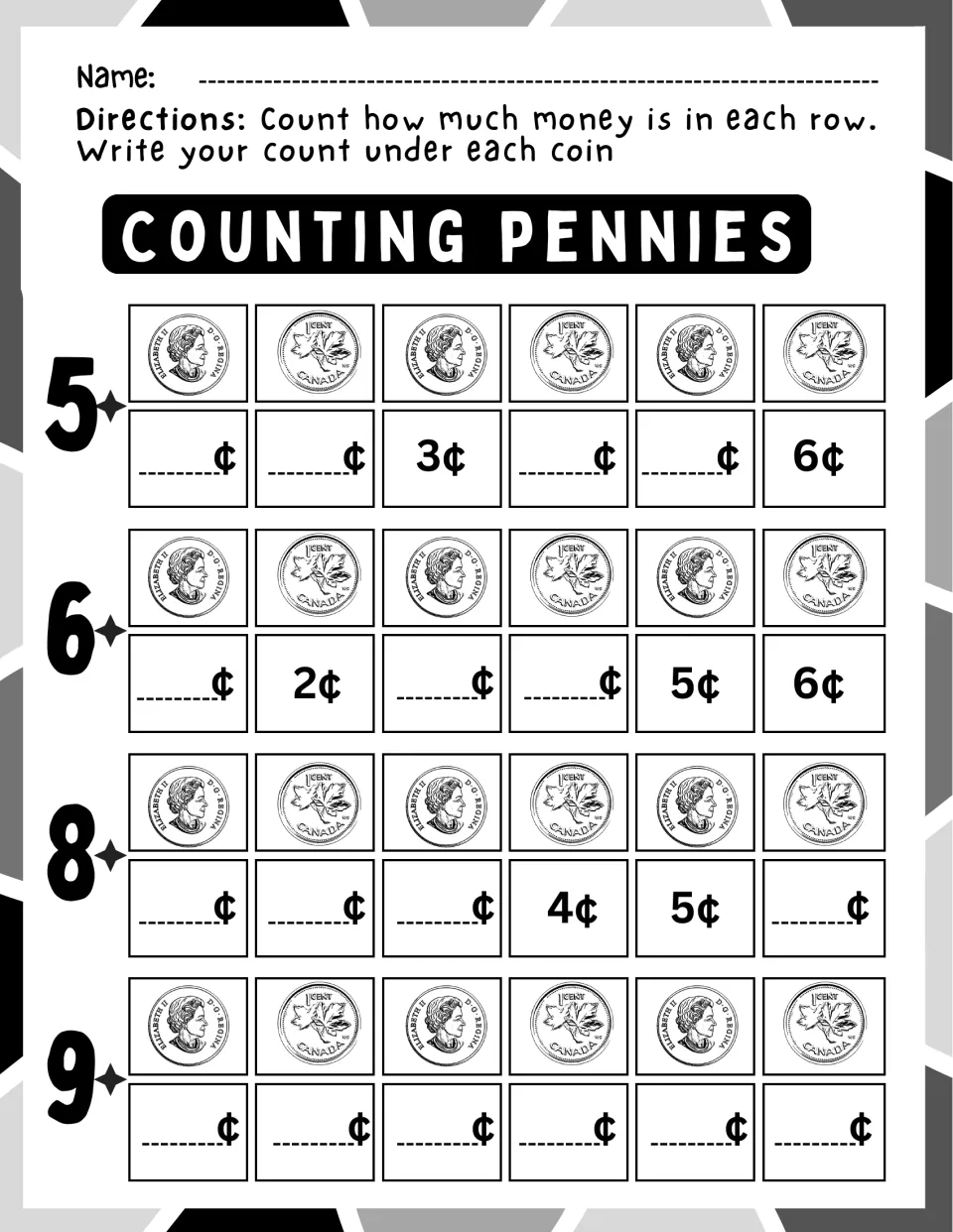 Counting pennies rows 5, 6, 8 and 9: students count six pennies and fill in more blank totals, with row 9 left fully empty