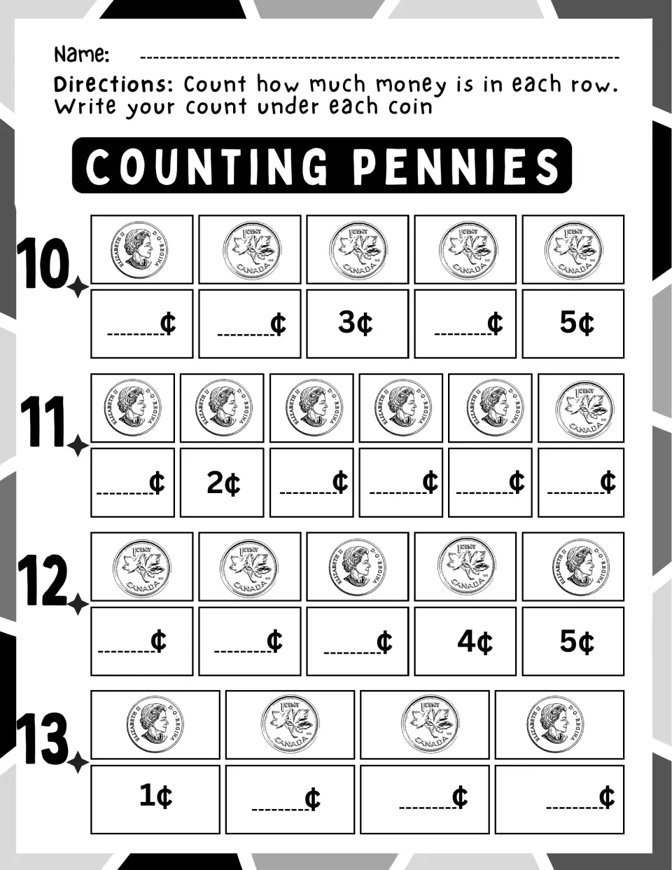 Counting pennies rows 10 to 13: students count rows of four to six pennies, heads and tails mixed, and write each total