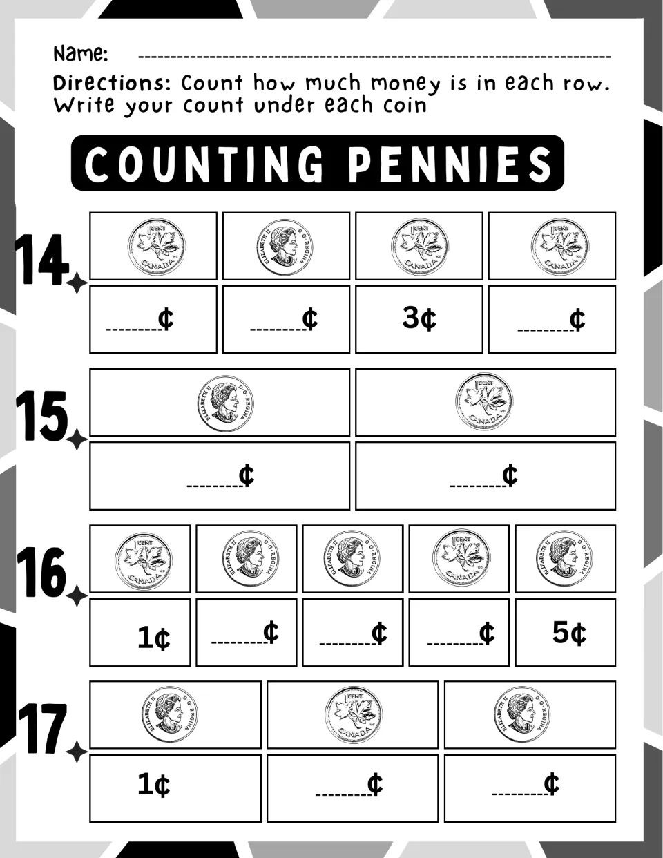 Counting pennies rows 14 to 17: students count two to five pennies per row and write the running total under each coin