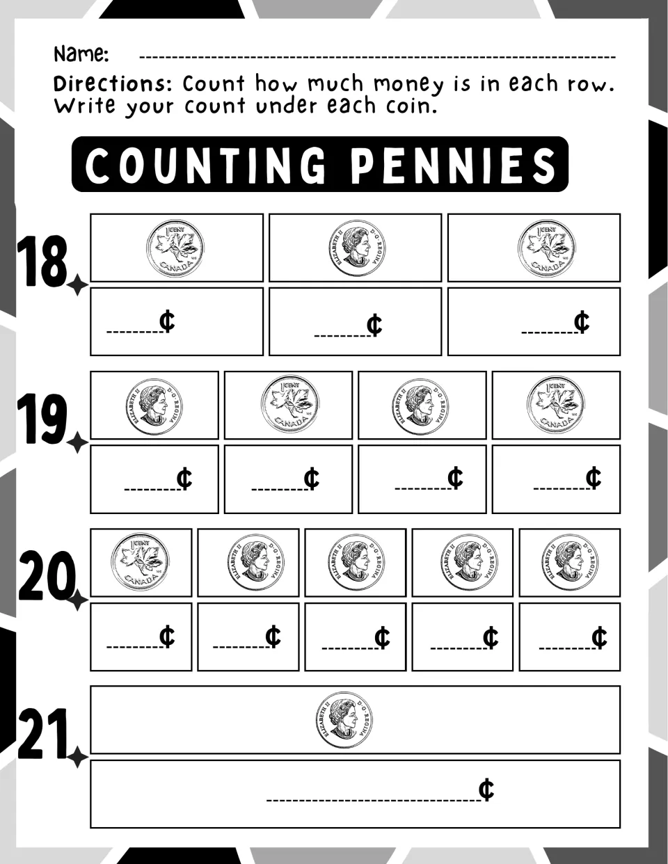 Counting pennies rows 18 to 21: students count one to five pennies and write every total with no number hints given