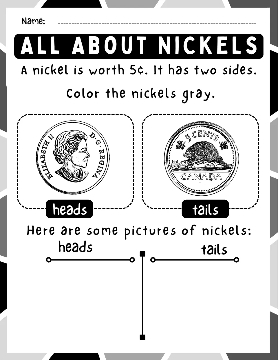 All About Nickels: a nickel is worth 5¢; students color its heads and beaver tails gray, then draw nickels on a chart