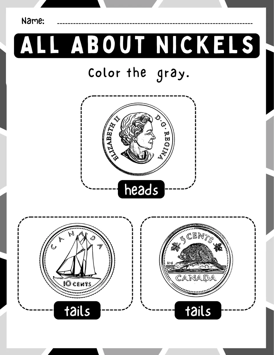 All About Nickels coin identification: students color nickel sides gray, telling a beaver 5¢ from a schooner 10¢