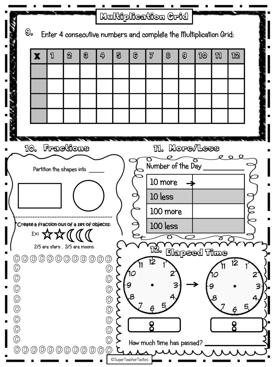 Number of the Day, page 2: students fill a multiplication grid, partition shapes, find 10/100 more/less, elapsed time