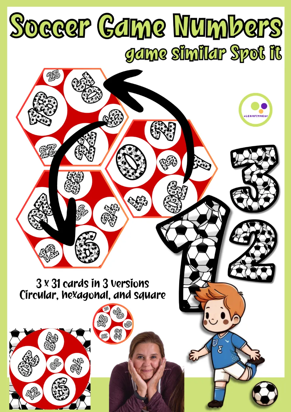 Soccer Game Numbers cover: a Spot it-style match game of 3 x 31 number cards in circular, hexagonal and square versions