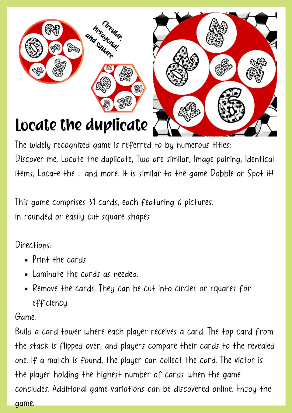 Locate the duplicate directions: print, laminate and cut 31 six-number cards, then match the flipped card to collect it