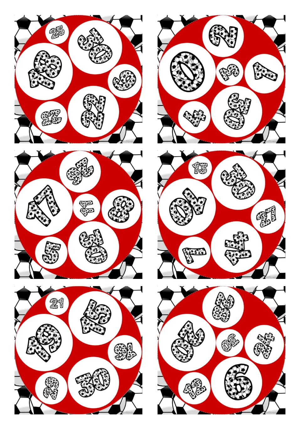Square soccer number cards to cut out: six cards, each with six numbers such as 18, 22 and 27, for number matching