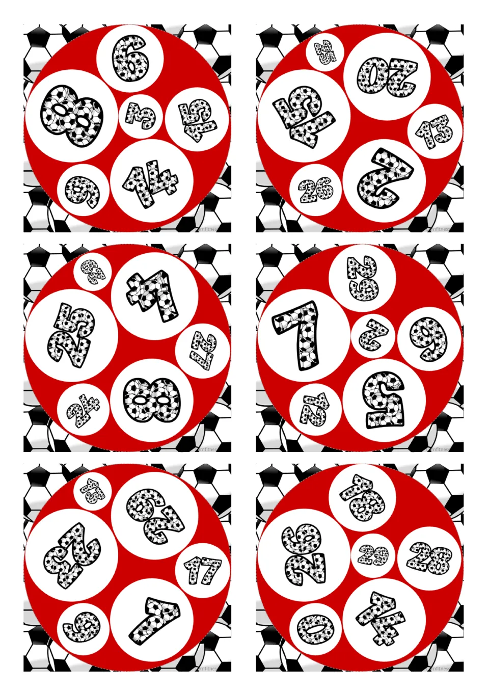 Square soccer number cards with numbers such as 8, 14, 13, 26 and 28; players spot the matching number on two cards