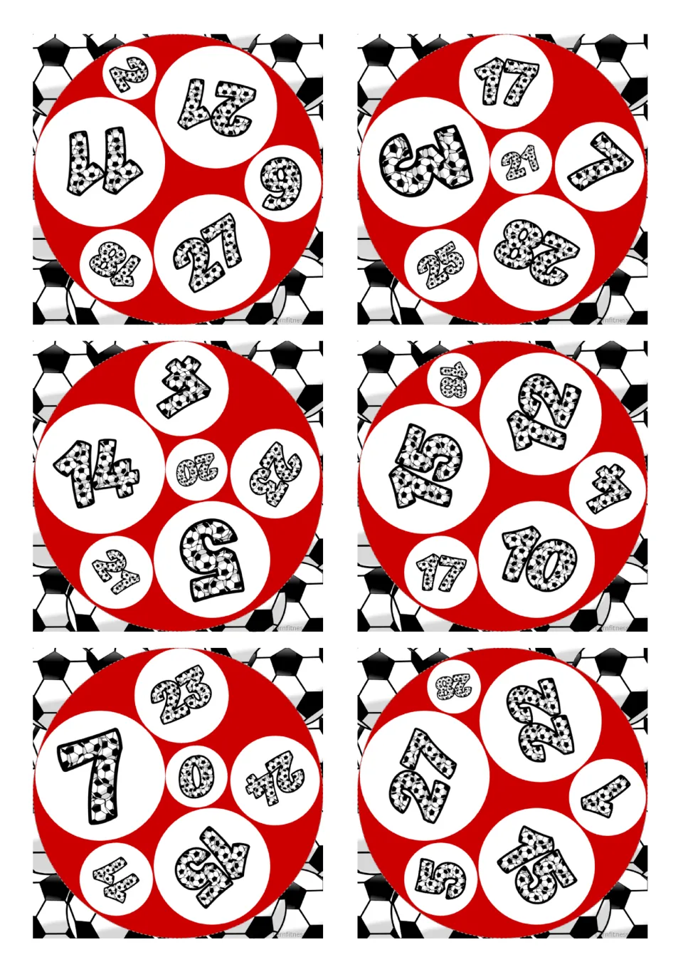 Square soccer number cards with numbers such as 17, 21, 10, 23 and 0; for naming numbers while hunting for a match
