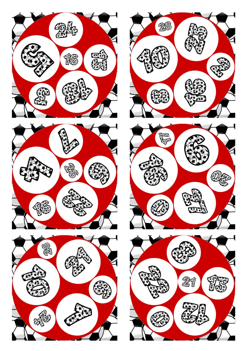 Square soccer number cards with numbers such as 24, 10, 16, 21 and 13; for recognizing numbers 0 to 30