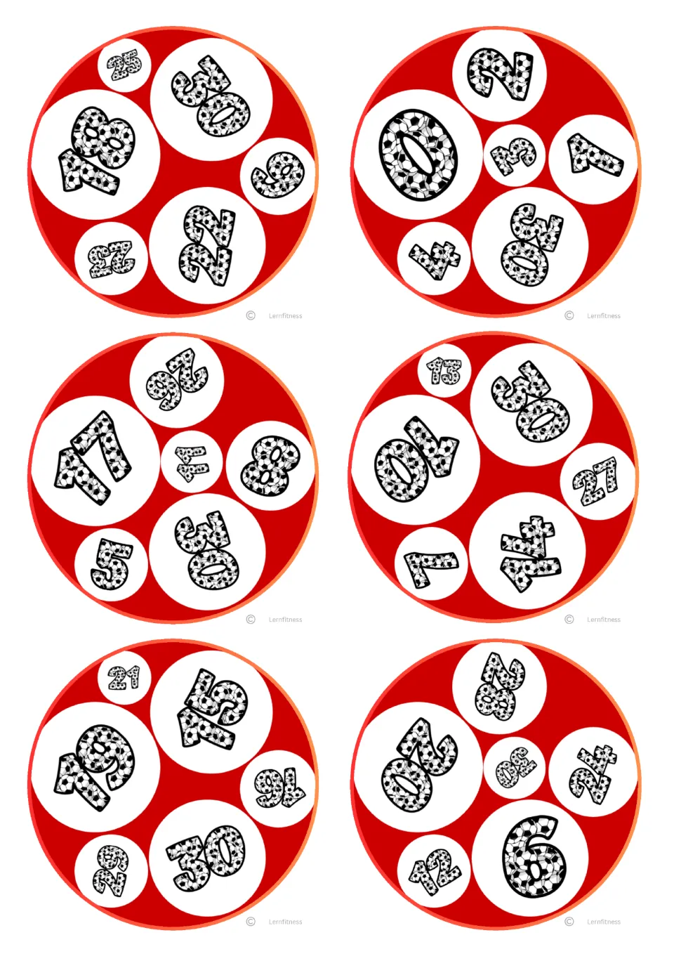 Circular soccer number cards: six round cards showing numbers such as 18, 17, 14 and 30 for matching play