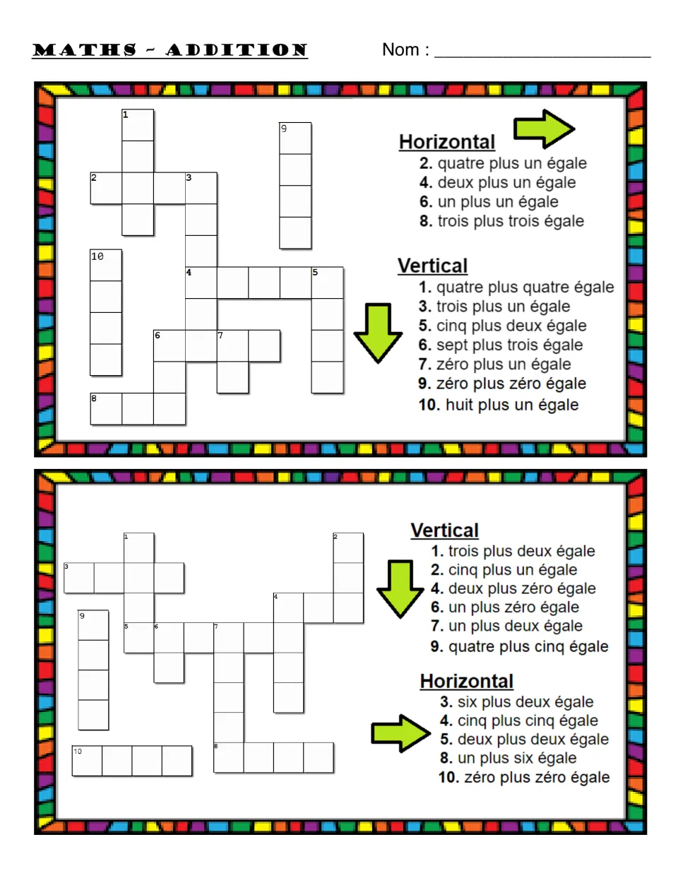 French addition crosswords: two puzzles with clues including quatre plus un (four plus one) and 7 + 3.