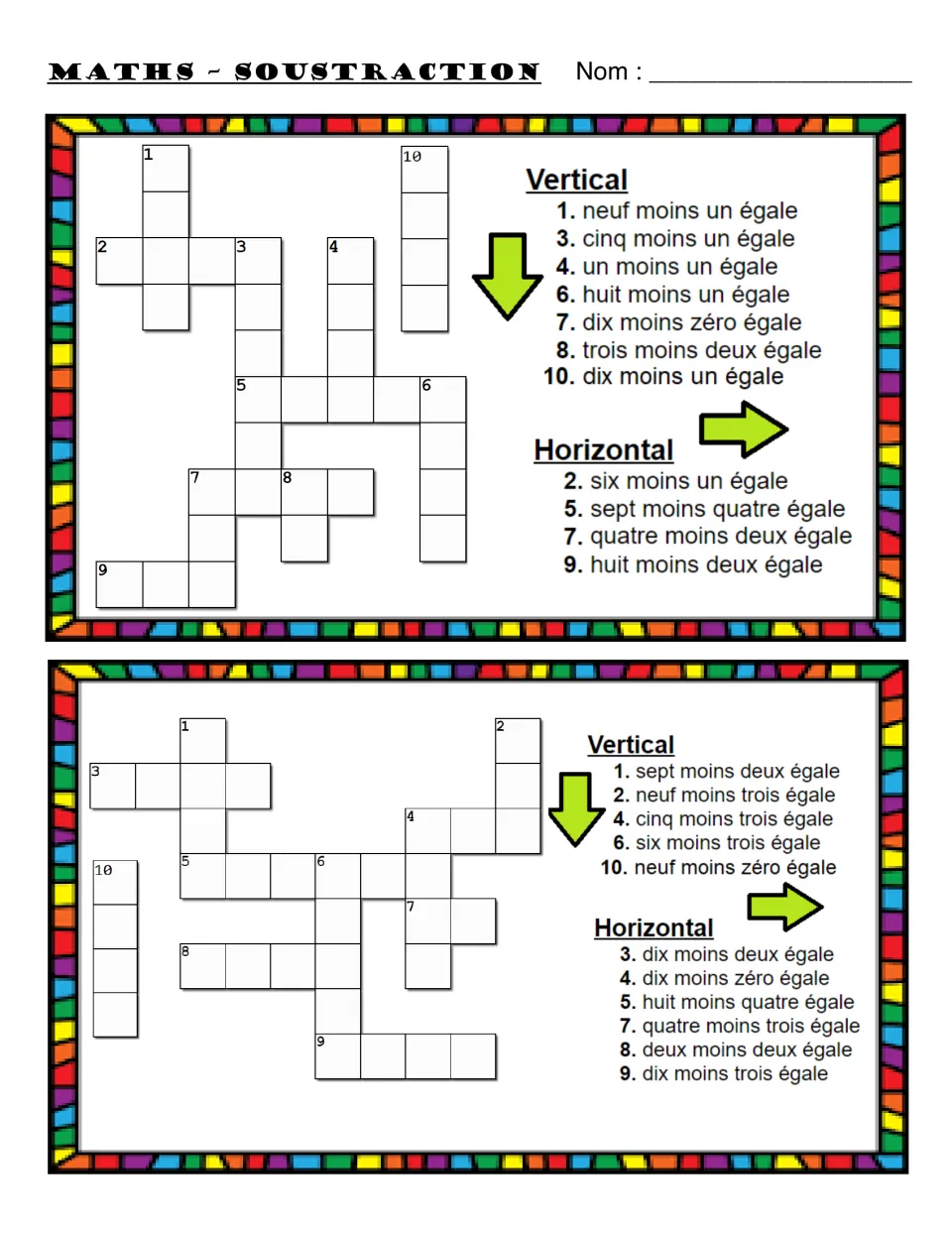French subtraction crosswords: two puzzles with clues including neuf moins un (nine minus one) and 10 − 0.
